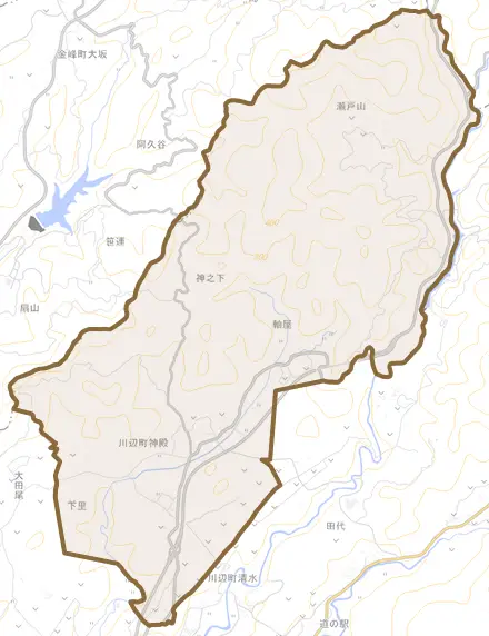 川辺町神殿とその周辺の地図。町の範囲を重ねている