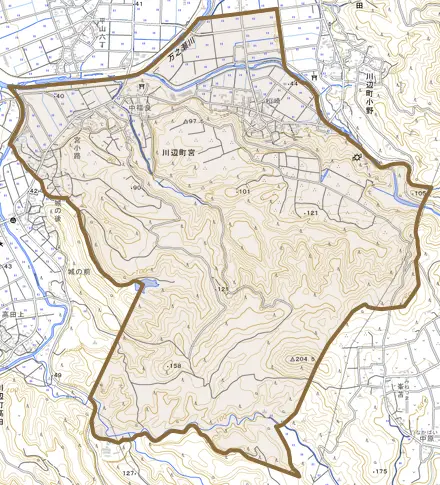 川辺町宮とその周辺の地図。町の範囲を重ねている