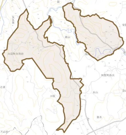 川辺町本別府とその周辺の地図。町の範囲を重ねている