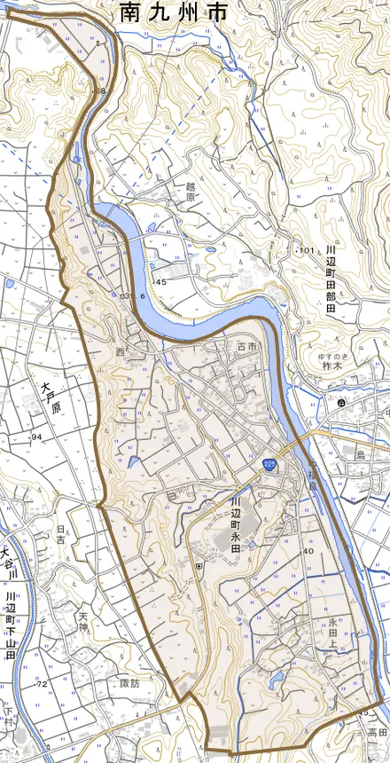 川辺町永田とその周辺の地図。町の範囲を重ねている