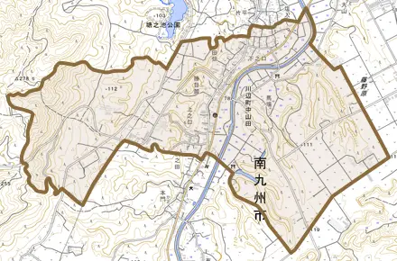川辺町中山田とその周辺の地図。町の範囲を重ねている