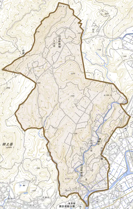 川辺町野間とその周辺の地図。町の範囲を重ねている