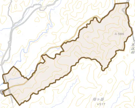 川辺町野崎とその周辺の地図。町の範囲を重ねている