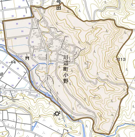 川辺町小野とその周辺の地図。町の範囲を重ねている