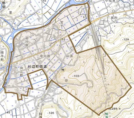 川辺町両添とその周辺の地図。町の範囲を重ねている