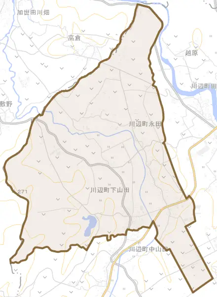 川辺町下山田とその周辺の地図。町の範囲を重ねている