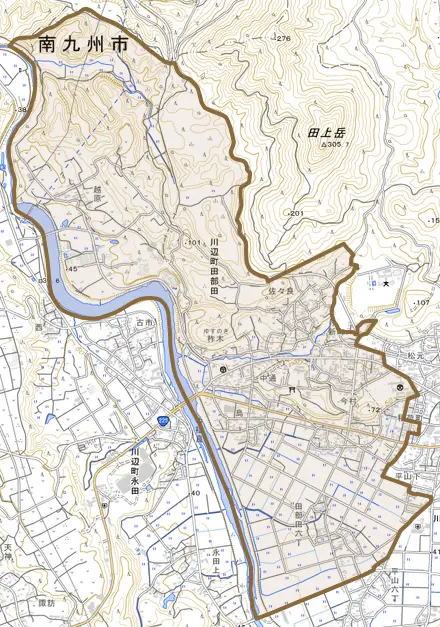 川辺町田部田とその周辺の地図。町の範囲を重ねている