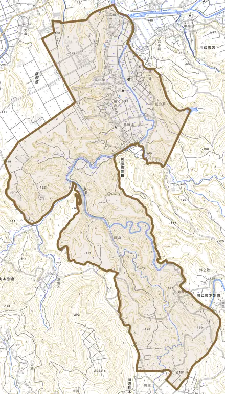 川辺町高田とその周辺の地図。町の範囲を重ねている
