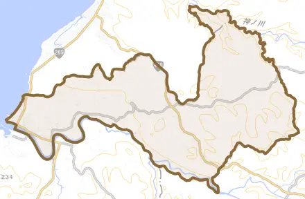 根占川北とその周辺の地図。町の範囲を重ねている
