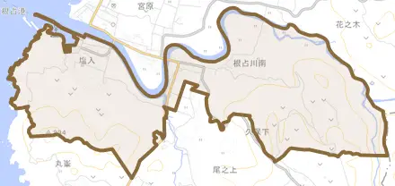 根占川南とその周辺の地図。町の範囲を重ねている
