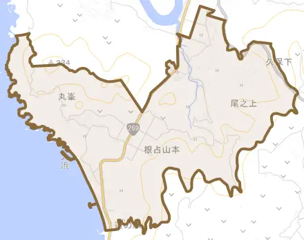 根占山本とその周辺の地図。町の範囲を重ねている