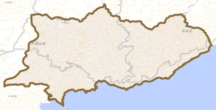 佐多辺塚とその周辺の地図。町の範囲を重ねている