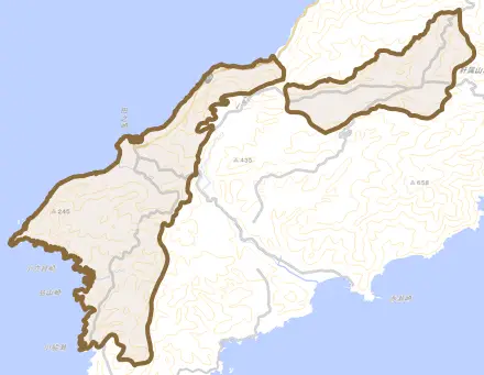 佐多伊座敷とその周辺の地図。町の範囲を重ねている