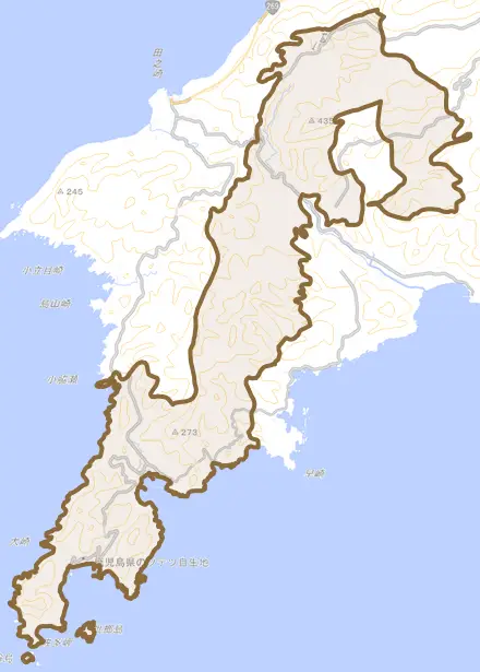 佐多馬籠とその周辺の地図。町の範囲を重ねている