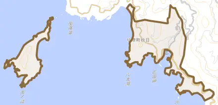 坊津町秋目とその周辺の地図。町の範囲を重ねている