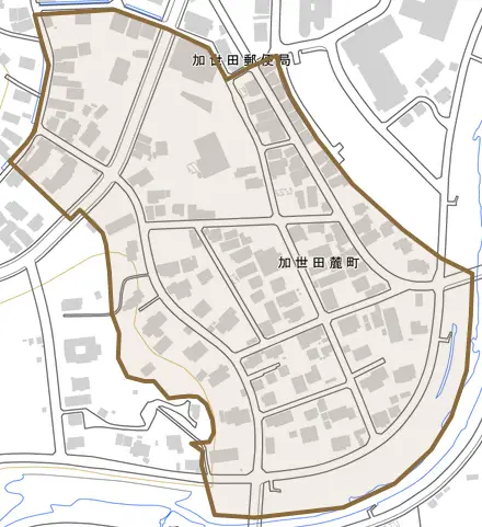 加世田麓町とその周辺の地図。町の範囲を重ねている