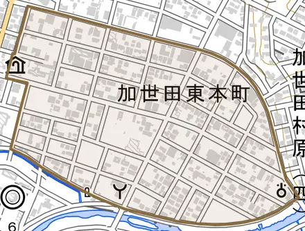 加世田東本町とその周辺の地図。町の範囲を重ねている