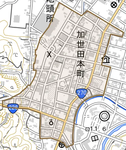 加世田本町とその周辺の地図。町の範囲を重ねている