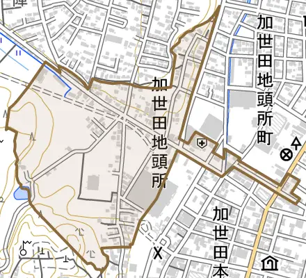 加世田地頭所とその周辺の地図。町の範囲を重ねている