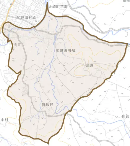 加世田川畑とその周辺の地図。町の範囲を重ねている