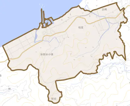 加世田小湊とその周辺の地図。町の範囲を重ねている