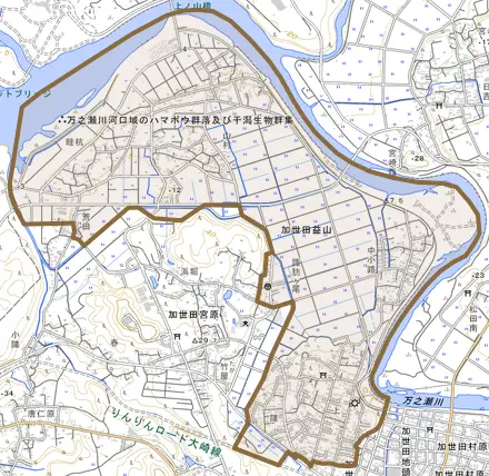 加世田益山とその周辺の地図。町の範囲を重ねている
