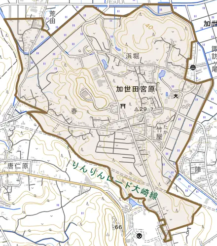 加世田宮原とその周辺の地図。町の範囲を重ねている