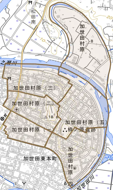 加世田村原とその周辺の地図。町の範囲を重ねている
