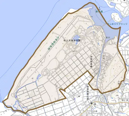 加世田高橋とその周辺の地図。町の範囲を重ねている
