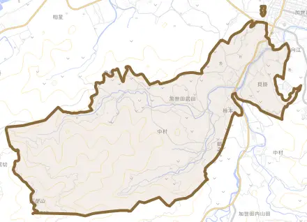 加世田武田とその周辺の地図。町の範囲を重ねている