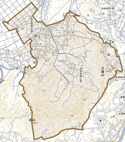 加世田唐仁原とその周辺の地図。町の範囲を重ねている