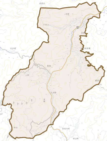 加世田津貫とその周辺の地図。町の範囲を重ねている