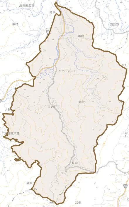 加世田内山田とその周辺の地図。町の範囲を重ねている