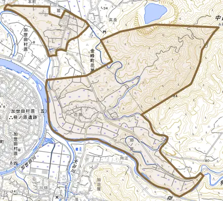 金峰町花瀬とその周辺の地図。町の範囲を重ねている