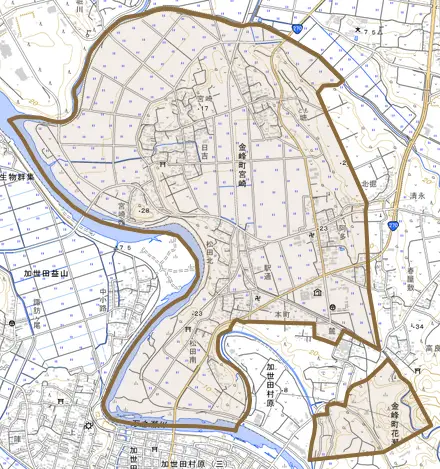 金峰町宮崎とその周辺の地図。町の範囲を重ねている