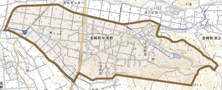 金峰町中津野とその周辺の地図。町の範囲を重ねている