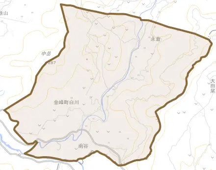 金峰町白川とその周辺の地図。町の範囲を重ねている