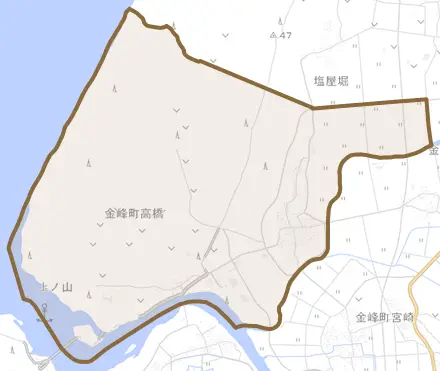 金峰町高橋とその周辺の地図。町の範囲を重ねている