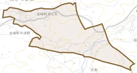 金峰町浦之名とその周辺の地図。町の範囲を重ねている
