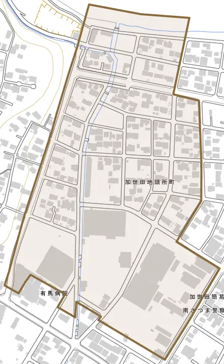 加世田地頭所町とその周辺の地図。町の範囲を重ねている