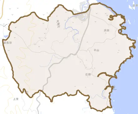 平山とその周辺の地図。町の範囲を重ねている