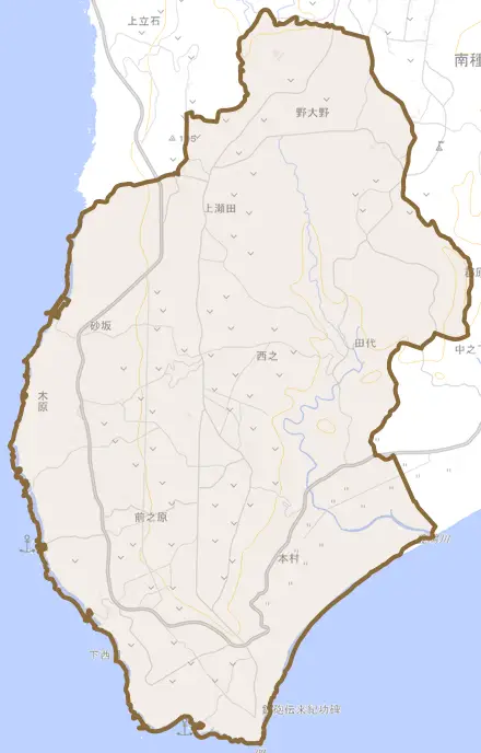 西之とその周辺の地図。町の範囲を重ねている