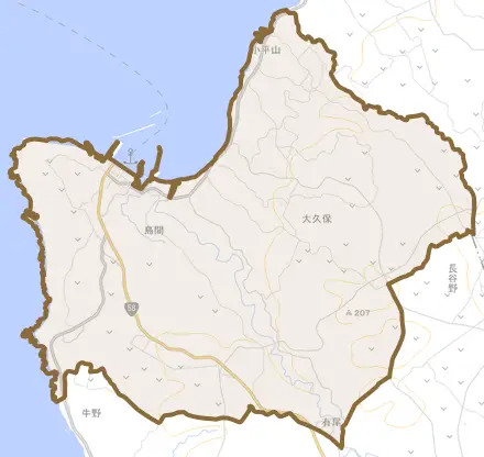 島間とその周辺の地図。町の範囲を重ねている