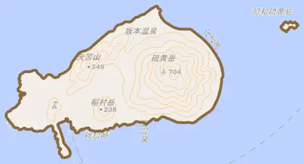 大字硫黄島とその周辺の地図。町の範囲を重ねている
