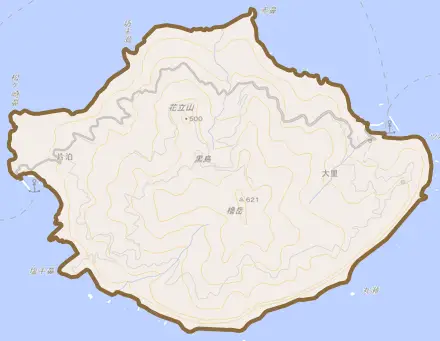 大字黒島とその周辺の地図。町の範囲を重ねている