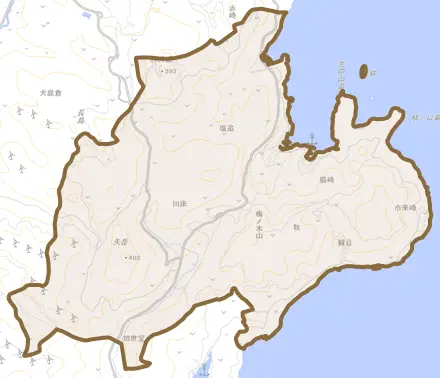 川床とその周辺の地図。町の範囲を重ねている