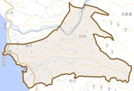 指江とその周辺の地図。町の範囲を重ねている