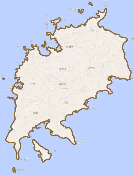 獅子島とその周辺の地図。町の範囲を重ねている