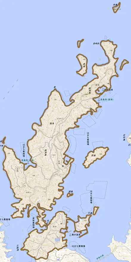諸浦とその周辺の地図。町の範囲を重ねている