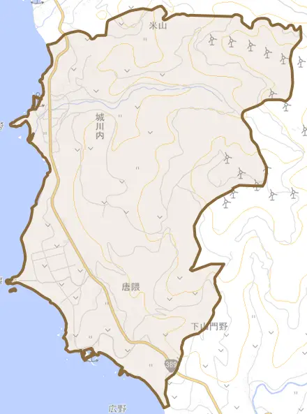 城川内とその周辺の地図。町の範囲を重ねている